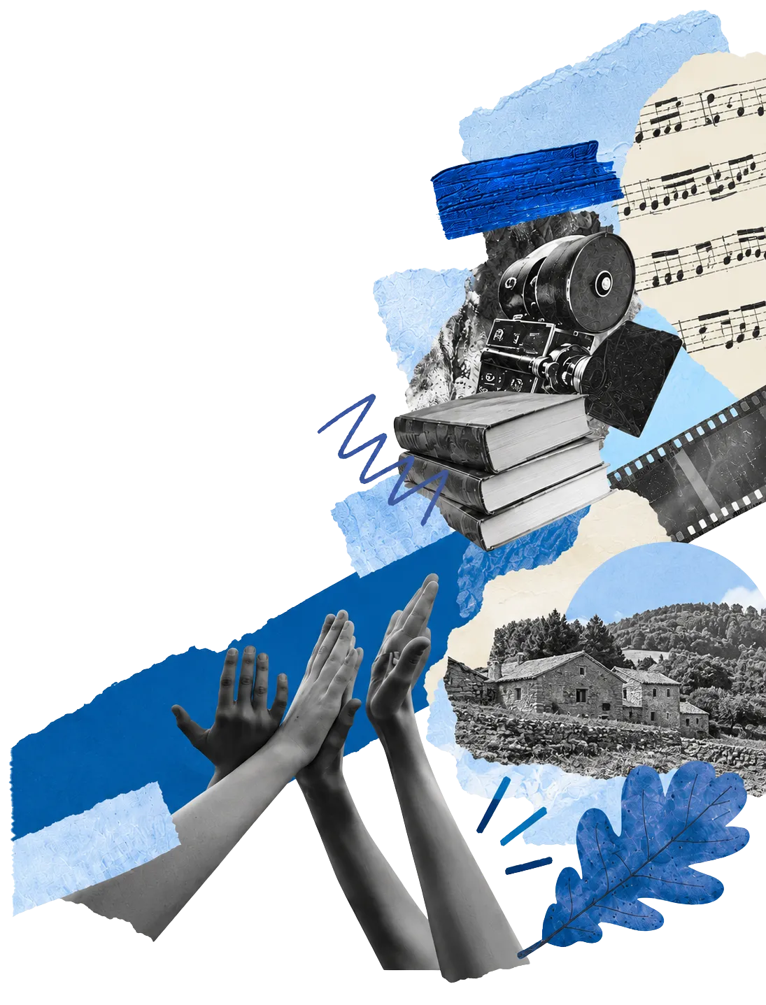 Collage cunha cámara de cine, libros, unha partitura e casas de pedra